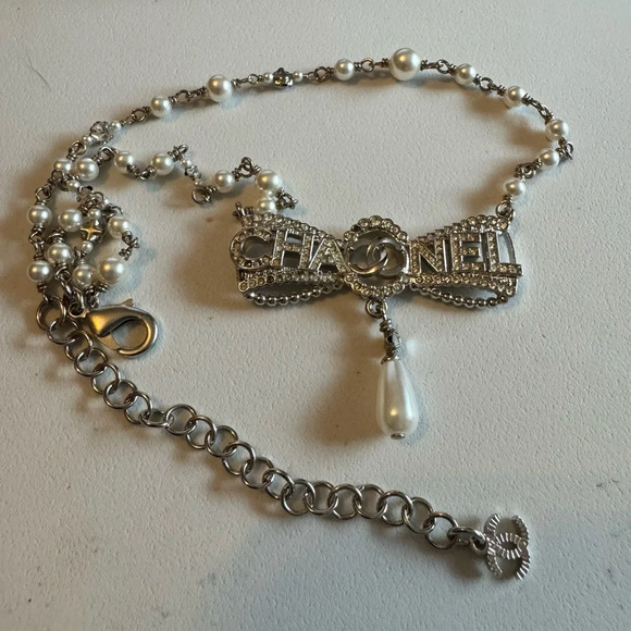 CHANEL Jewelry - Chanel Bow shaped Faux Pearl and Rhinestone Necklace